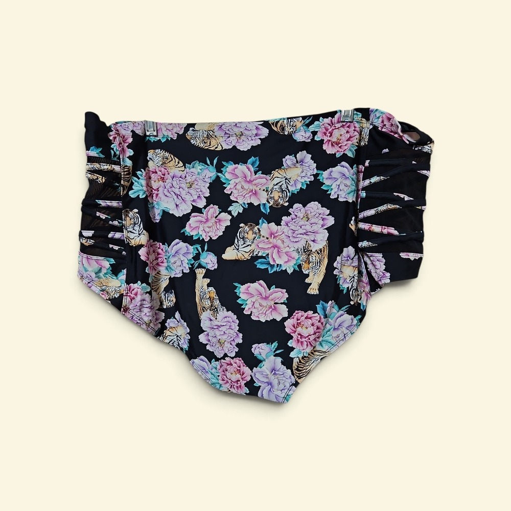 Floral Tiger Print High Waisted Swim Bottoms with Strappy Mesh Sides Black Sz 4